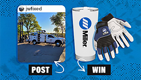Blue background with image of a social post, a drinking tumbler and welding gloves and the words post and win